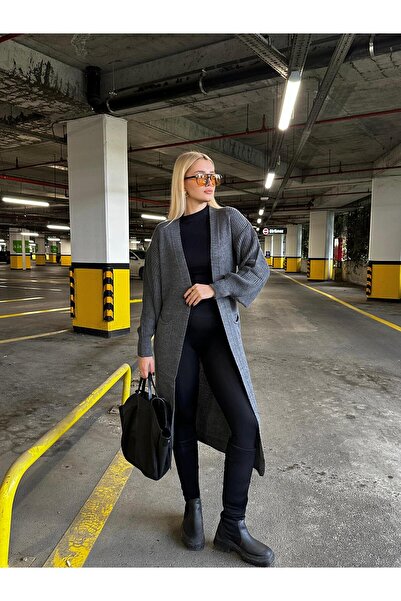 FİOXCO Vox Double Pocket Balloon Sleeve Maxi Length Wool Knit Cardigan