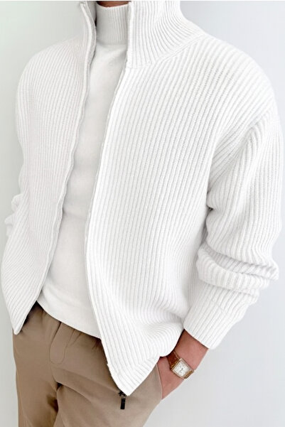 Tarz Cool Ανδρική ζακέτα με ψηλός λαιμός φερμουάρ εφαρμοστό πλεκτή σε λευκό χρώμα