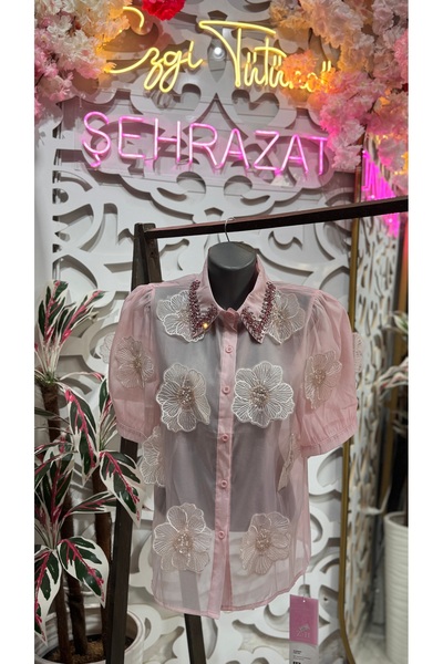 ŞEHRAZAT BUTİK Floral Design Shirt with Collar Stone Detail