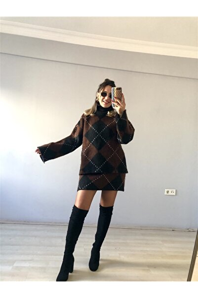 Gözde Tasarım Butik Women's Black Brown Baguette Patterned Skirt Sweater Knitwear 2-Piece Set