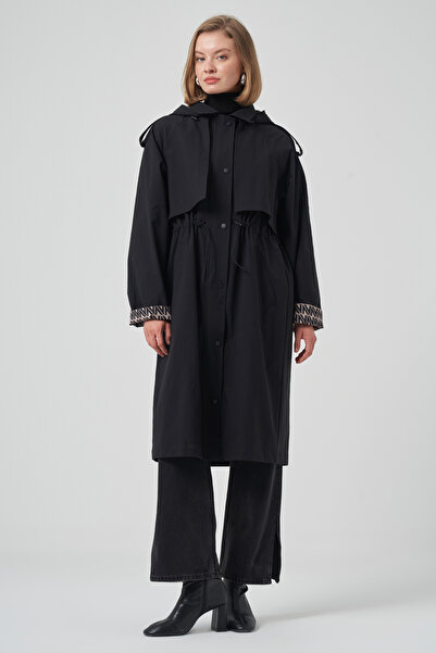 Nuss Hood and Lining Detail Cap Trench Coat Jacket 6033 Black