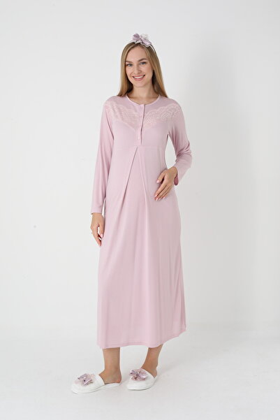 BLACKMORE Women's Pink Shawl Collar Jacquard Long Sleeve Cotton Full Length Winter Maternity Nightgown-Robe Set