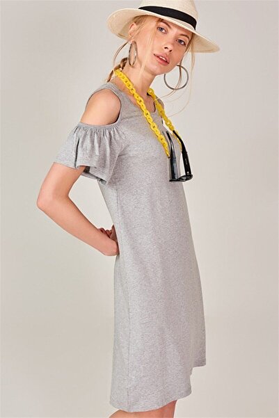 JE-TU Women's Gray Off-The-Shoulder Loose Dress Jt8032
