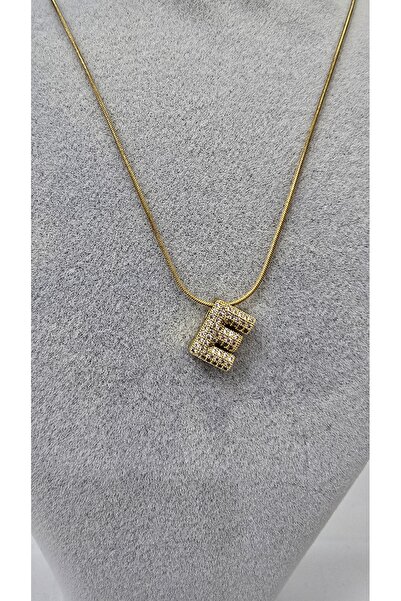 NO NAME Paslanmaz Çelik Gold Renk Zirkon Taşlı Harf Kolye -E- Harfi