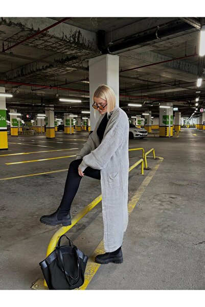 FİOXCO Vox Double Pocket Balloon Sleeve Maxi Length Wool Knit Cardigan