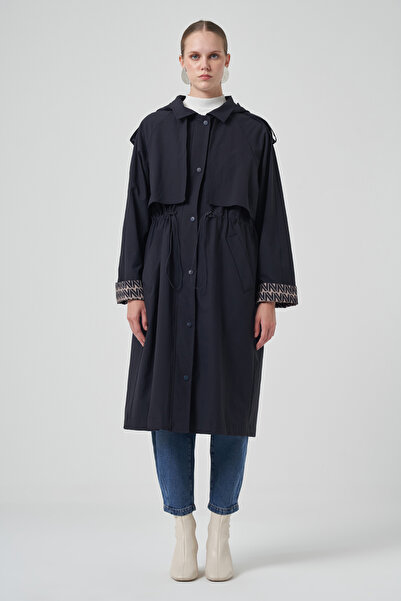 Nuss Hood and Lining Detail Cap Trench Coat Jacket 6033 Dark Navy Blue