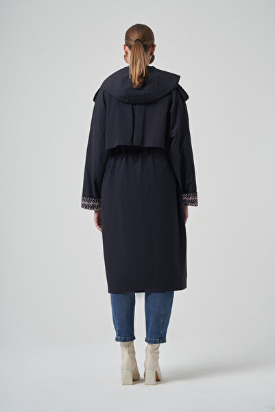 Nuss Hood and Lining Detail Cap Trench Coat Jacket 6033 Dark Navy Blue