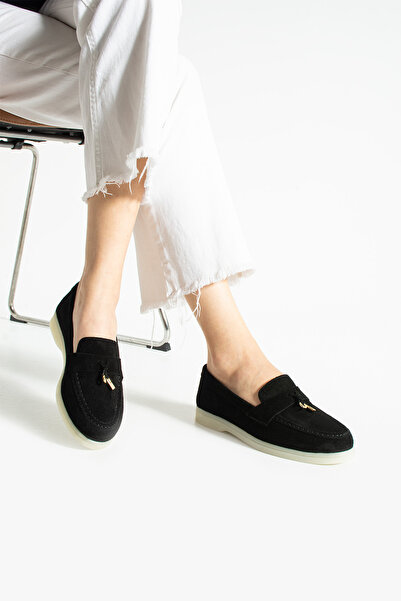 Polomia Comfort Women's Genuine Leather Suede Classic Non-Slip Sole Detail Gold Accessory Buckle Loafer Ballet Flats