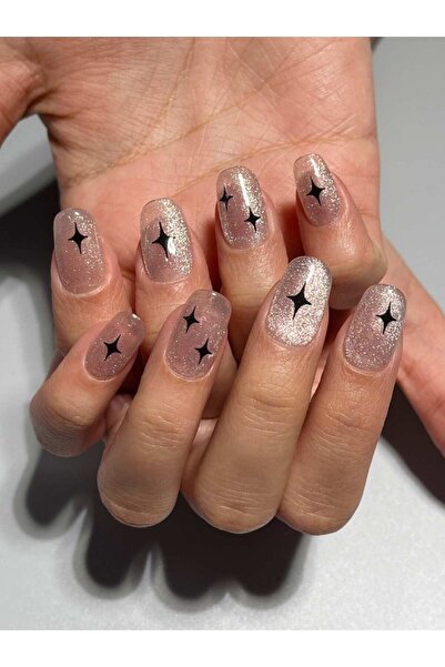 Genel Markalar 032 M Beden Gümüş Simli Yıldız Protez Jel Takma Tırnak Ve Akse...
