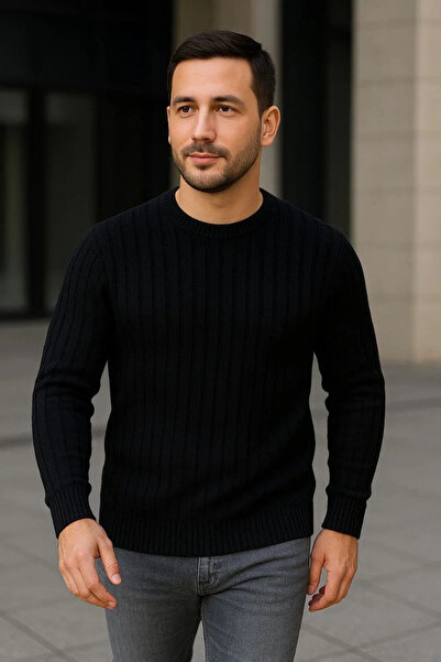 GökTR Men's Corded Fabric Knitwear Sweater Set of 3 Beige Gray Black Regular Fit Crew Neck Knitwear Set Sweater Model