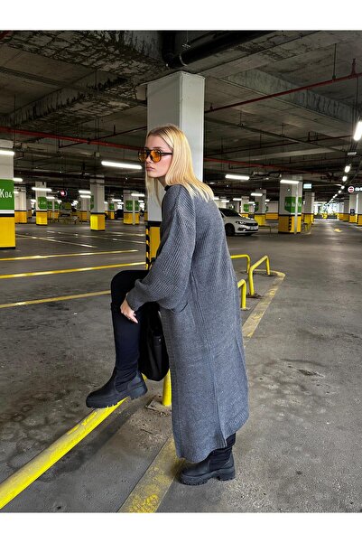 FİOXCO Vox Double Pocket Balloon Sleeve Maxi Length Wool Knit Cardigan