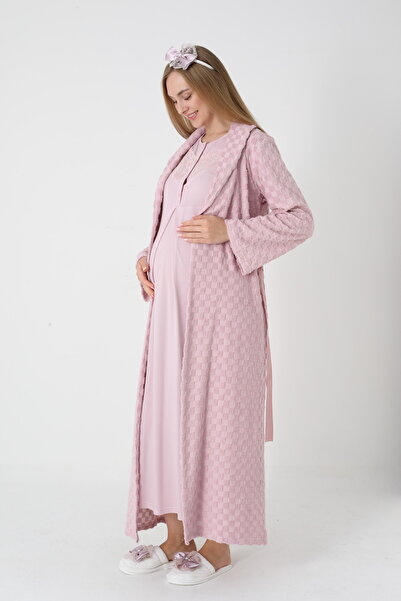 BLACKMORE Women's Pink Shawl Collar Jacquard Long Sleeve Cotton Full Length Winter Maternity Nightgown-Robe Set