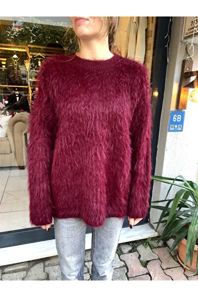 Gözde Tasarım Butik Women's Burgundy Color Fur-Like Looking Cropped Sweater with Bicycle Collar