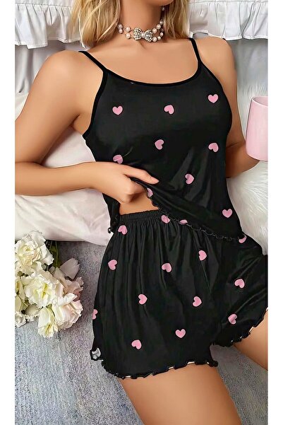 Ruselin Kadın Siyah Kalp Desenli Askılı Şortlu Gecelik Takım