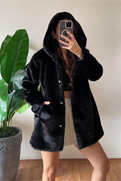 Nazline Women's Hooded Button Detailed Faux Fur Coat