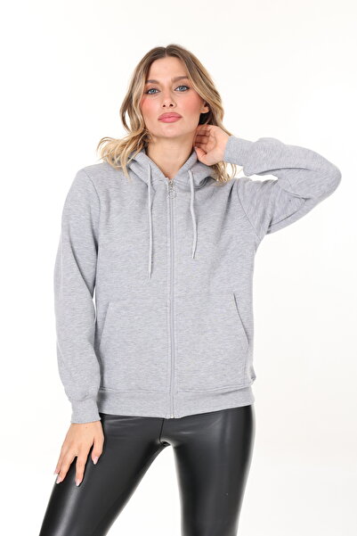 HEDEF DAİSY Women's Tops Hooded Kangaroo Pocket Zippered Three Thread Sh Fleece-Lined O Oversized Sweatshirt
