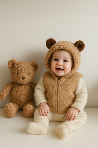 Dadamama Unisex Bebek Peluş Kulak Detaylı Fermuarlı Yelek (0 Ay - 12 Ay) + He...