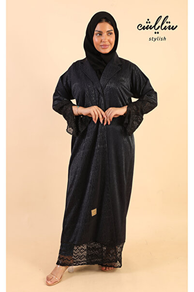 Stylish عباية لف باللون الكحلي مزينة بدانتيل