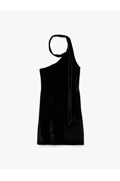 Koton Sleeveless Asymmetrical Neck Halter Velvet Mini Dress