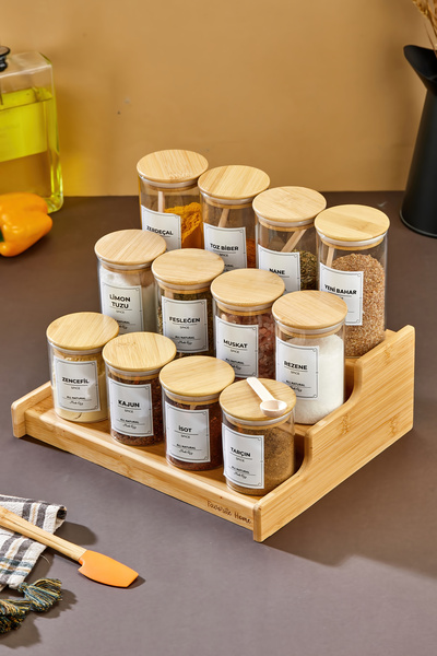 MODA OZY 12-Piece 200-250-300 ml Borosilicate Glass Spice Jar Set with Bamboo Stand and Bamboo Lid, Spoon and Label Included