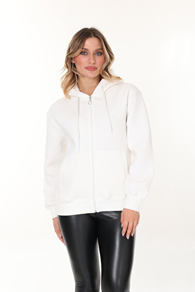 HEDEF DAİSY Women's Tops Hooded Kangaroo Pocket Zippered Three Thread Sh Fleece-Lined O Oversized Sweatshirt