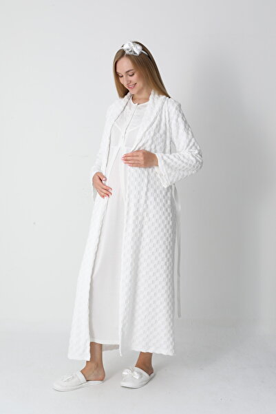 BLACKMORE Women's Ecru Shawl Collar Jacquard Long Sleeve Cotton Full Length Winter Maternity Nightgown-Robe Set