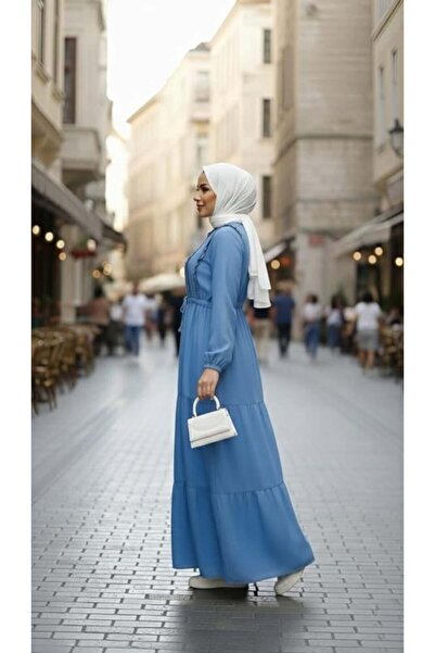 Hb Harma Time Butik Women's Ruffle Detailed Buttoned Open Denim Blue Dress