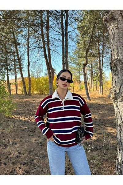 huhu كنزة برقبة بولو مخططة