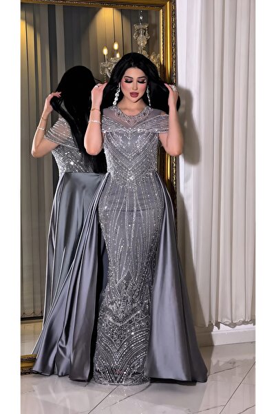 NHMODA Geometric Embroidered Satin Tail Fishtail Evening Dress with Tulle and Stone Stripe Shoulder Detail