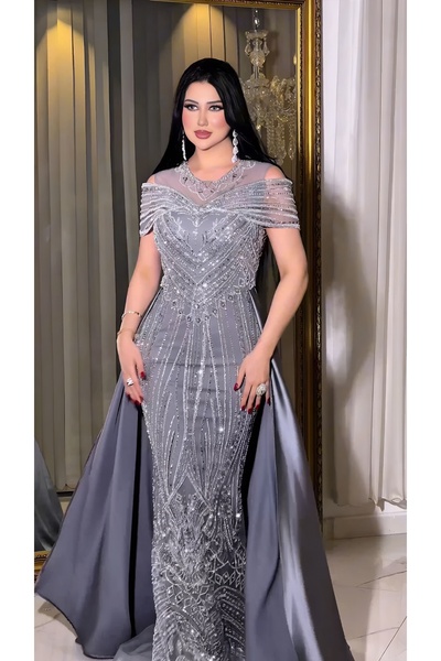 NHMODA Geometric Embroidered Satin Tail Fishtail Evening Dress with Tulle and Stone Stripe Shoulder Detail