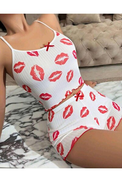 Ruselin Women's white lip patterned shorts sexy nightgown set