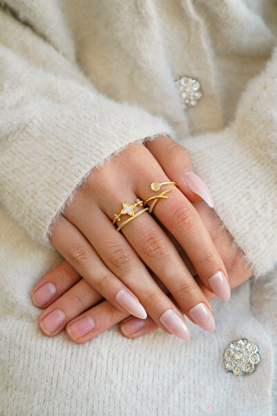 The Collection Set of 2 Modern Clover and Solitaire Detailed Form Vip Gold Rings