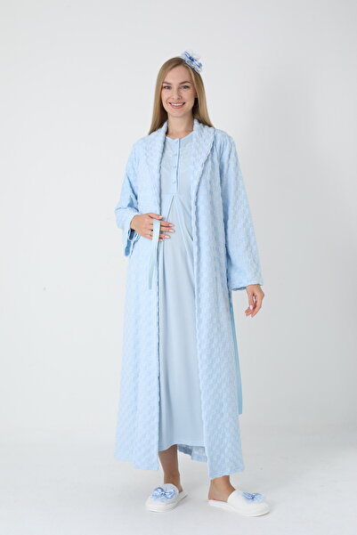 BLACKMORE Women's Blue Shawl Collar Jacquard Long Sleeve Cotton Full Length Winter Maternity Nightgown-Robe Set