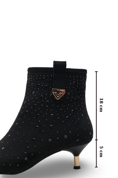 Women Lay-z Women's Black Suede Pointed Toe 5 cm Heeled, Stylish Boots with Sparkling Stone Detail — Elegance and Comfort in One.