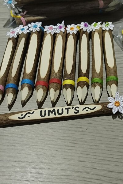 Umut 5 ADET SÜSLÜ AĞAÇ AHŞAP EL YAPIMI DEKORATİF KALEM ODUN KURŞUN KALEM 18 C...