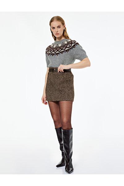 Koton X Melis Ağazat - Short Sleeve Crew Neck Patterned Knit Sweater