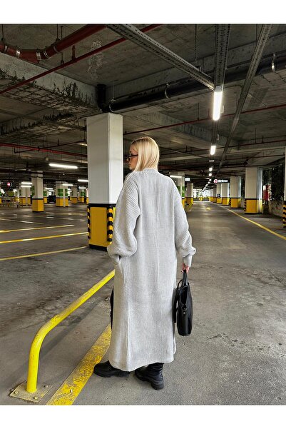 FİOXCO Vox Double Pocket Balloon Sleeve Maxi Length Wool Knit Cardigan