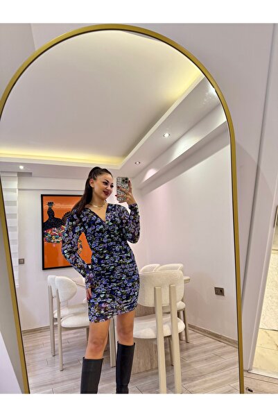 Gamze Ege Fashion Elbise çiçekli mavi