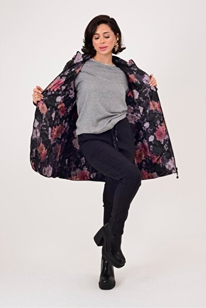 Park Moda 8951 Twin Flower Patterned Double Sided Quilted Coat