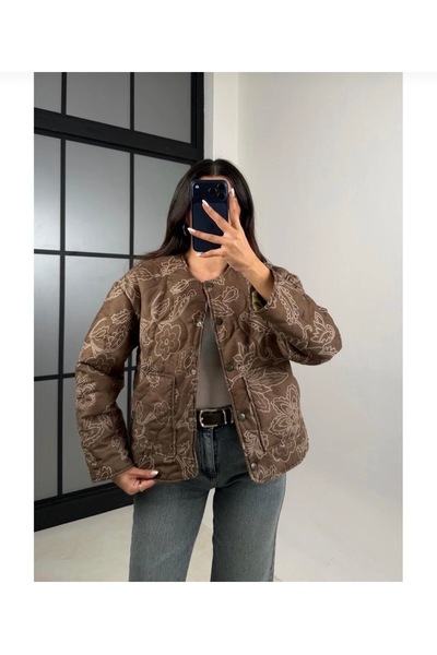 Mazelf Baby&Kids Wear Women's Brown Ethnic Patterned Quilted Coat Jacket