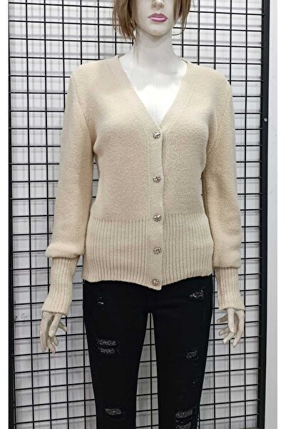 WIENELLA Women's V-Neck Silver Color Buttoned Knitwear Cardigan