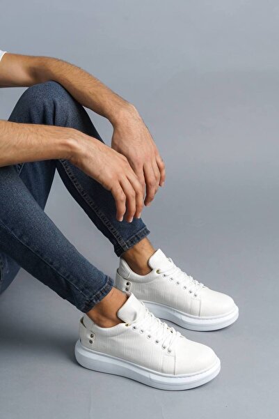 Lucy Shoes حذاء رياضي رجالي YG047 برباط يومي بنمط جلد التمساح CBT - أبيض