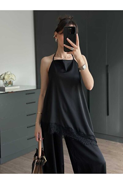 Tugen Co Black Satin Blouse with Lace Detail