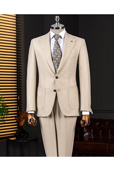 TerziAdemAltun Italian Style S Slim Fit Peaked Lapel Jacket Pants Suit Beige T14910