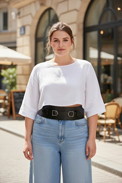 Angels Passion Curea neagră pentru femei de mărime mare, model corset, talie lată, accesoriu cu cataramă dublă