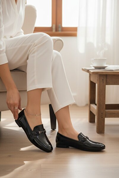 ZAYMON Kadın LoaferTokalı Günlük Ayakkabı Siyah Parlak