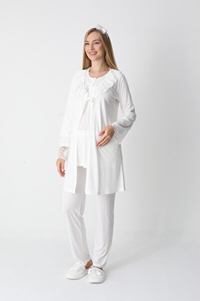 BLACKMORE Women's Ecru Special Lace Design Cotton Dressing Gown 3-Piece Pajama Set