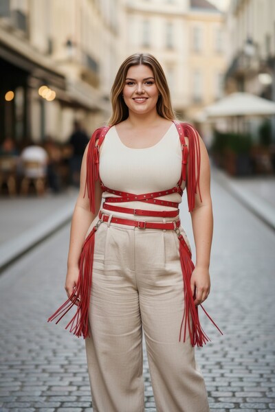 Angels Passion Великий розмір Червоний жіночий ремінь Harness з бахромою, баг...