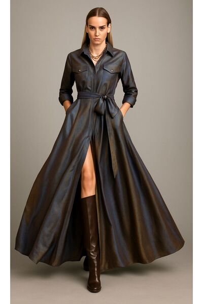 ALYEL NAKER Utility Stili & Önden Fermuarlı Tafta Maxi Tasarım Gömlek Elbise