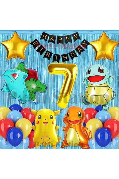 Parti Station مجموعة بالونات عيد الميلاد بعمر 7 سنوات بتصميم بوكيمون، بوكيمون بيكاتشو، بولباسور، تشارماندر، سكويرتل